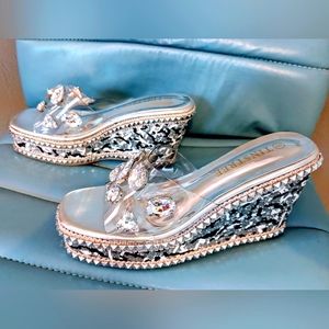 Tinstree Clear Rhinestone Slip-on Platform Wedges Slide Sandals Women's Size 8